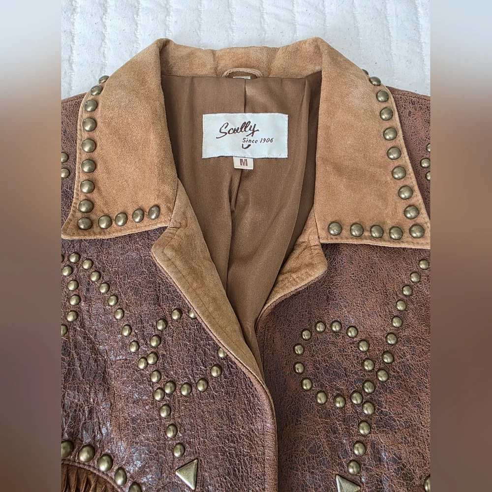 Womans Scully Leather Western Jack Two-Tone Brown Suede Fringe Stud Jacket - Picture 5 of 9